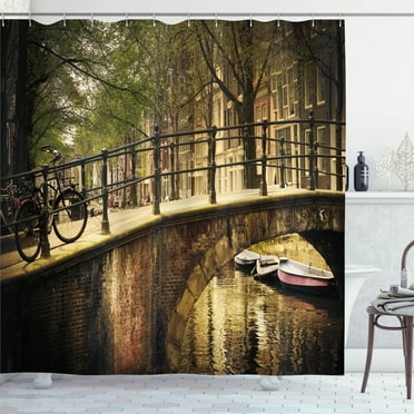 Ambesonne Cityscape Shower Curtain, Romance Bridge Canal, 69"Wx70"L, Cream
