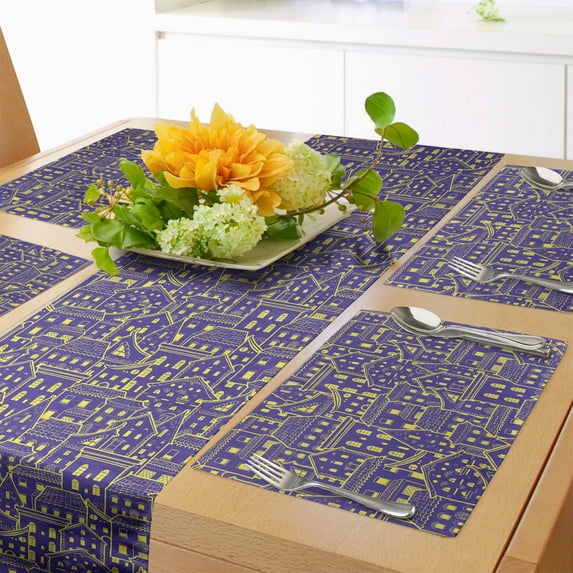 Ambesonne Cityscape Table Runner & Placemats, Bicolour Doodle Houses, Placemat 4 pcs + Runner 12"x72", Blue Violet and Yellow