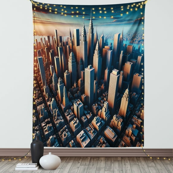 Ambesonne Cityscape Tapestry Wall Hanging, Manhattan Panorama Urban, 40"x60", Blue and Pale Cinnamon