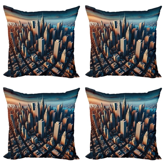 Ambesonne Cityscape Throw Pillow Cover 4 Pack, Manhattan Panorama Urban, 16", Blue and Pale Cinnamon