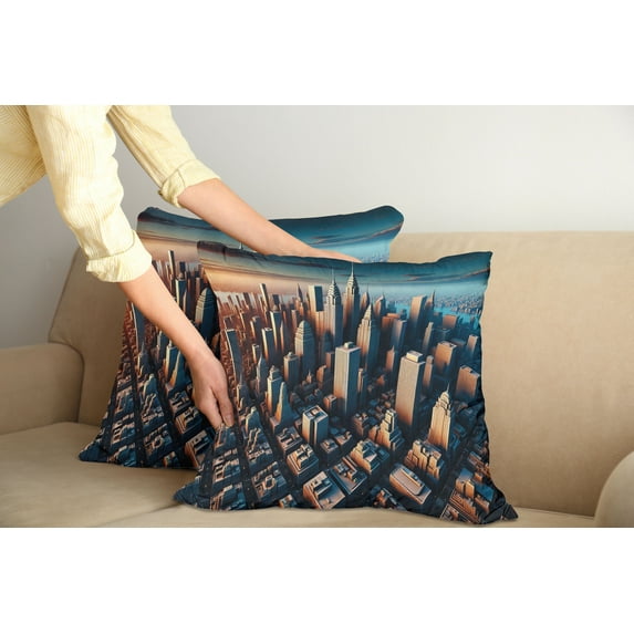Ambesonne Cityscape Throw Pillow Cover Pack of 2, Manhattan Panorama Urban, 2 Pcs-36"x16", Blue and Pale Cinnamon