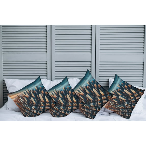 Ambesonne Cityscape Throw Pillow Cover Pack of 4, Manhattan Panorama Urban, 4 Pcs-28" x 28", Blue and Pale Cinnamon