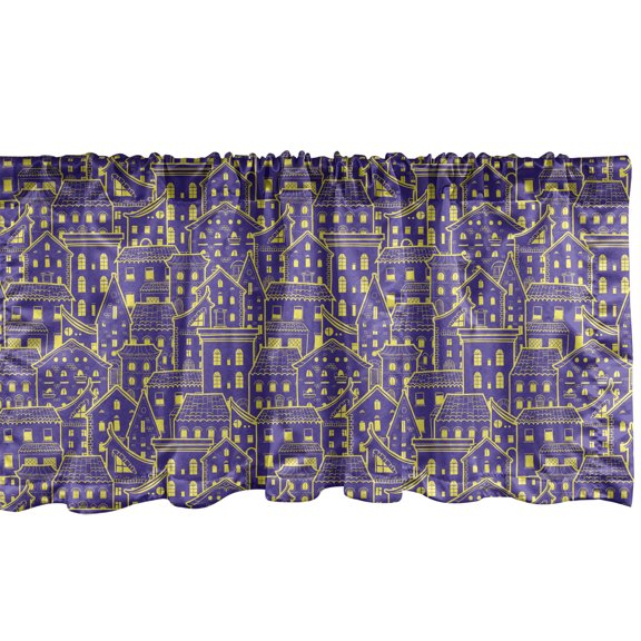 Ambesonne Cityscape Window Valance, Doodle Pattern with Bicolour Design Houses with Windows and Roofs, Curtain Valance for Kitchen Bedroom Decor with Rod Pocket, 54" X 12", Blue Violet and Yellow