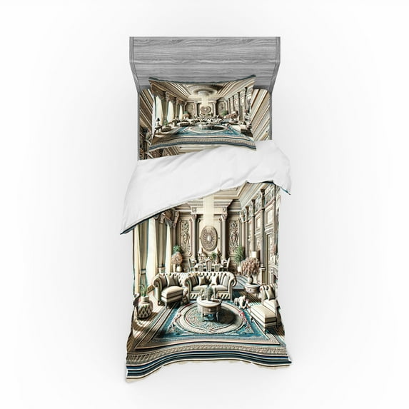 Ambesonne Classic Bedding Set 3 Pcs, Ritzy Room Posh Scene Print, Twin, Coconut and Sea Blue