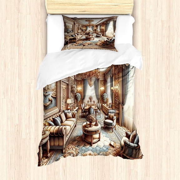 Ambesonne Classic Duvet Cover Set, Grandiose Room Scene Print, Twin, Ginger and Blue