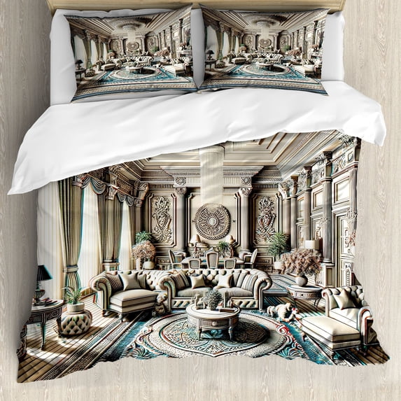 Ambesonne Classic Duvet Cover Set, Ritzy Room Posh Scene Print, Queen, Coconut and Sea Blue