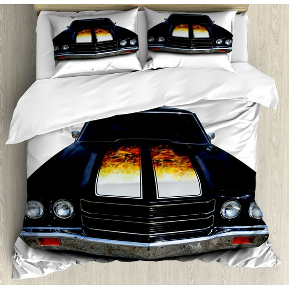 Ambesonne Classic Duvet Cover Set, Vintage Retro Car Warm Tone, 2-Calking, Vermilion and Yellow