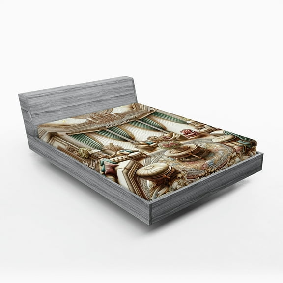 Ambesonne Classic Fitted Sheet, Opulent Palatial Room Scene, King Size, Ecru Seafoam and Cocoa