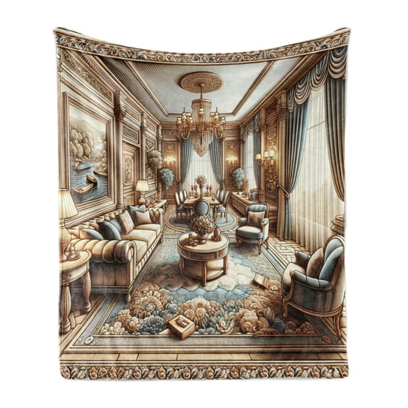 Ambesonne Classic Fleece Throw Blanket Grandiose Room Scene Print 70"x90" Ginger and Blue