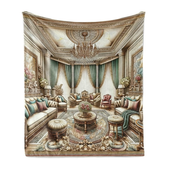 Ambesonne Classic Fleece Throw Blanket Opulent Palatial Room Scene 70"x90" Ecru Seafoam and Cocoa