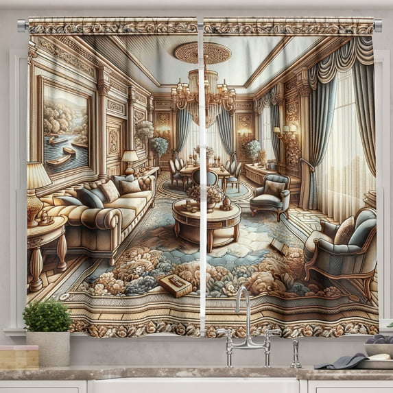 Ambesonne Classic Kitchen Curtains, Grandiose Room Scene Print, 55"x45", Ginger and Blue