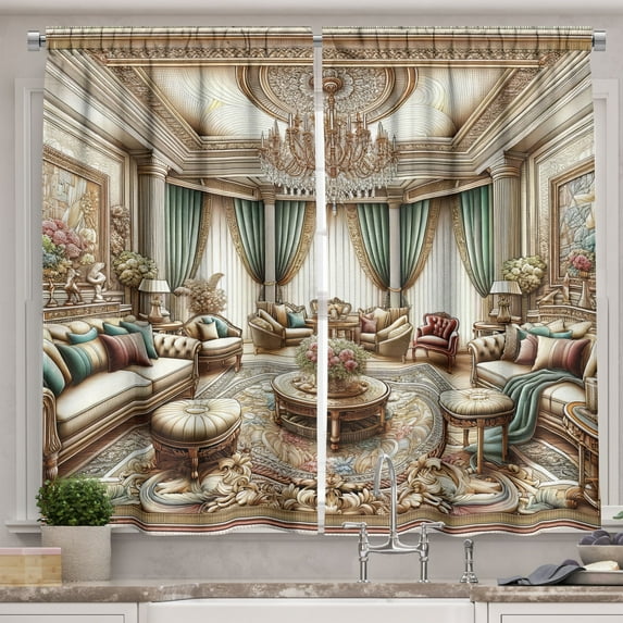 Ambesonne Classic Kitchen Curtains, Opulent Palatial Room Scene, 55"x39", Ecru Seafoam and Cocoa