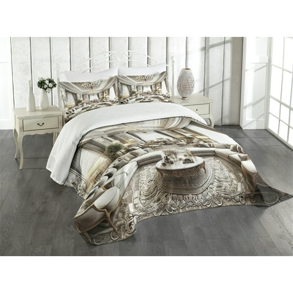 Ambesonne Classic Quilted Bedspread Set 3 Pcs, Majestic Room in Muted Tone, Queen Size, Coconut and Off White