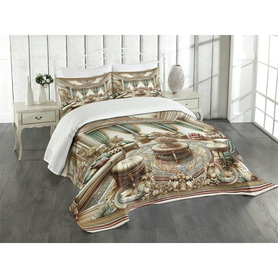 Ambesonne Classic Quilted Bedspread Set 3 Pcs, Opulent Palatial Room Scene, Queen Size, Ecru Seafoam and Cocoa