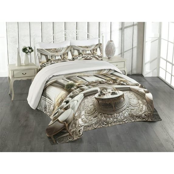 Ambesonne Classic Quilted Coverlet 3 Pcs, Majestic Room in Muted Tone, King Size, Coconut and Off White