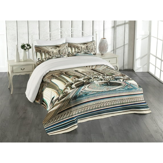 Ambesonne Classic Quilted Coverlet 3 Pcs, Ritzy Room Posh Scene Print, Queen Size, Coconut and Sea Blue