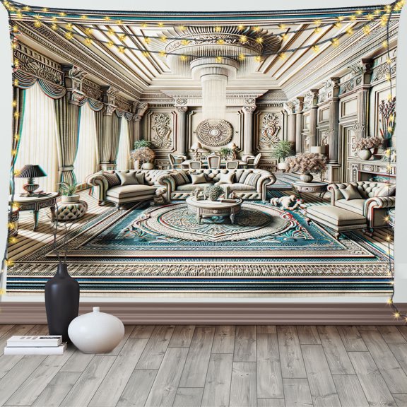 Ambesonne Classic Tapestry Wall Hanging, Ritzy Room Posh Scene Print, 60"x40", Coconut and Sea Blue