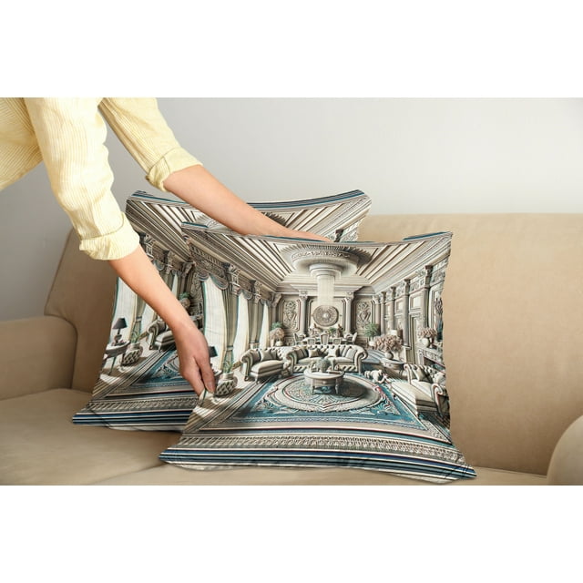 Ambesonne Classic Throw Pillow Cover Pack of 2, Ritzy Room Posh Scene Print, 2 Pcs-24" x 24", Coconut and Sea Blue