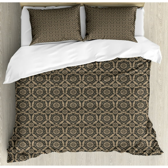Ambesonne Classical Duvet Cover Set, Floral Leafy Damask Art, Queen, Dark Sepia and Tan