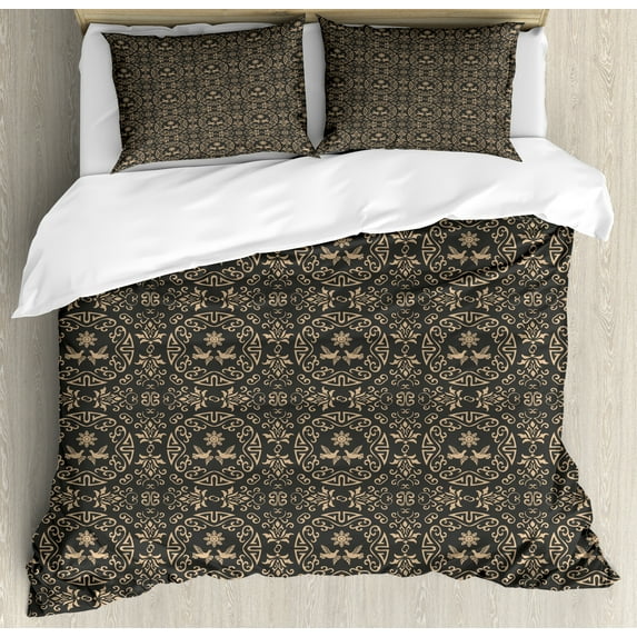 Ambesonne Classical Duvet Cover Set, Floral Pigeon Motifs Art, Queen, Dark Sepia Tan