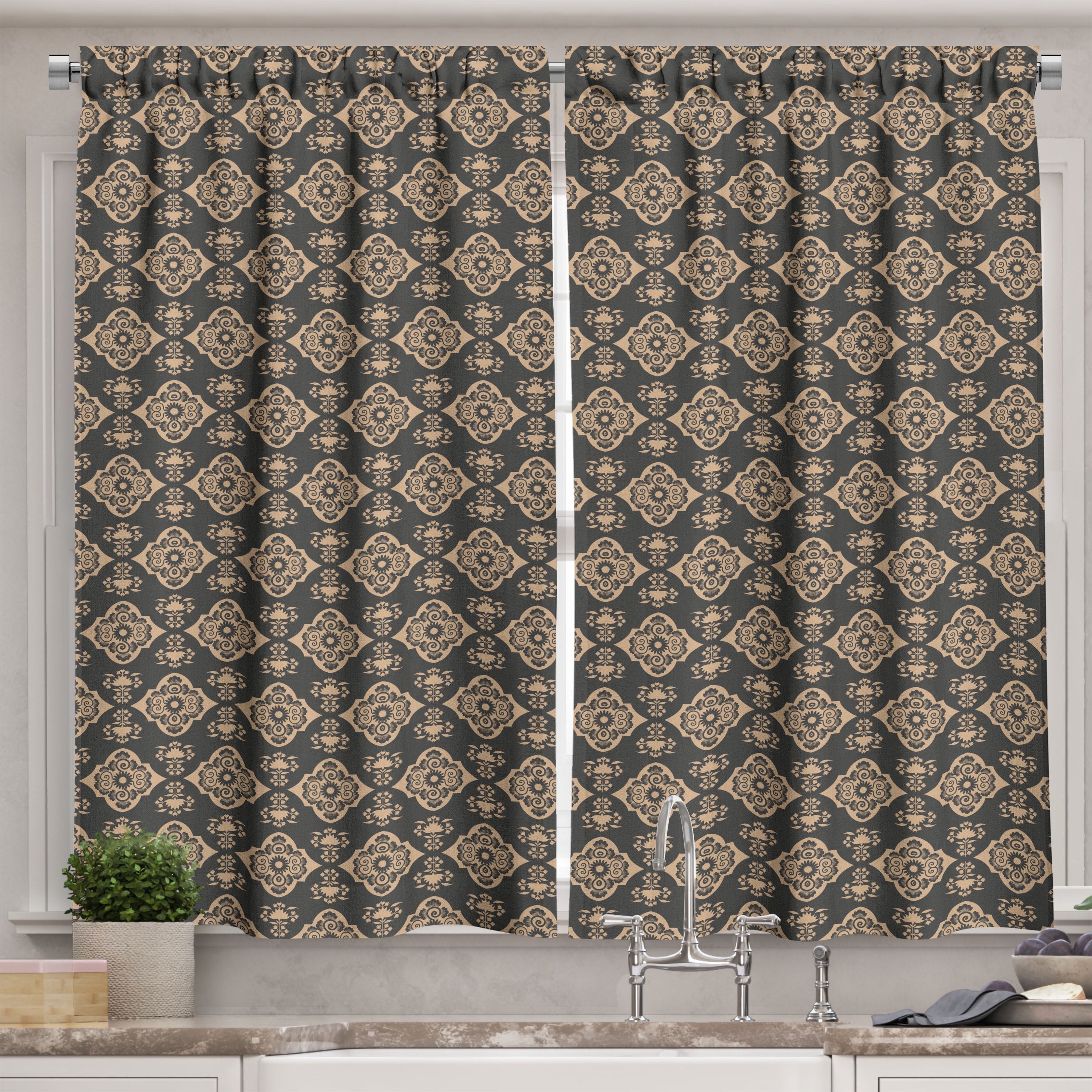 Ambesonne Classical Kitchen Curtains, Classic Orient Curves, 55"x39", Dark Sepia Tan