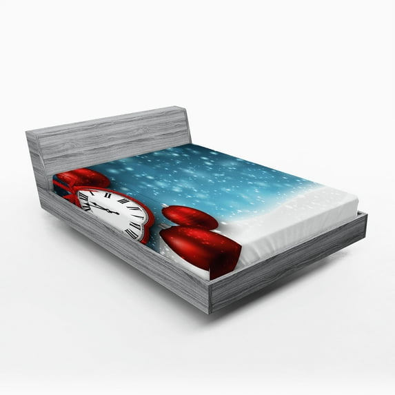 Ambesonne Clock Fitted Sheet, Vintage New Year Balls, Queen Size, Red and Blue