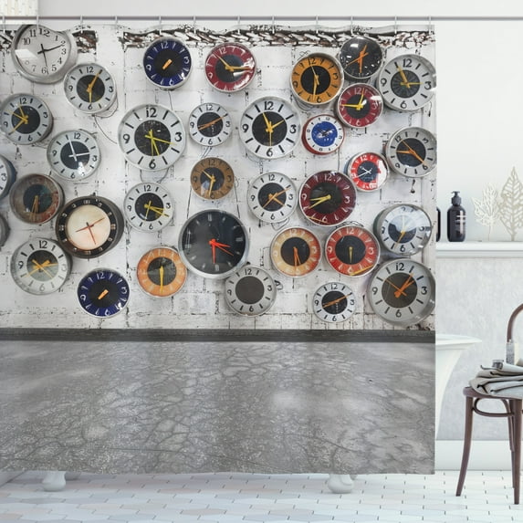 Ambesonne Clock Shower Curtain, Several Wall Watches Photo, 69"Wx70"L, Multicolor