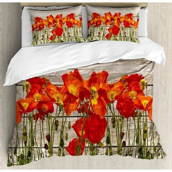 Ambesonne Close Line of Poppy Petals Field Meadow Summer Sun Plant Floral Theme Duvet Cover Set
