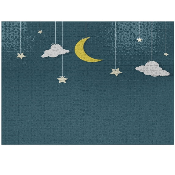 Ambesonne Cloud Jigsaw Puzzle Durable Cardboard, Moon Stars Hanging on Threads, 1000 pcs, Teal Yellow