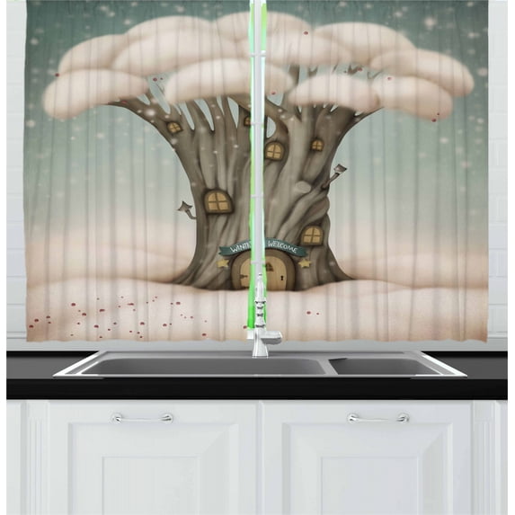 Ambesonne Cloud Kitchen Curtains, Tree in the Sky Fantasy, 55"x39", Sage Green Peach