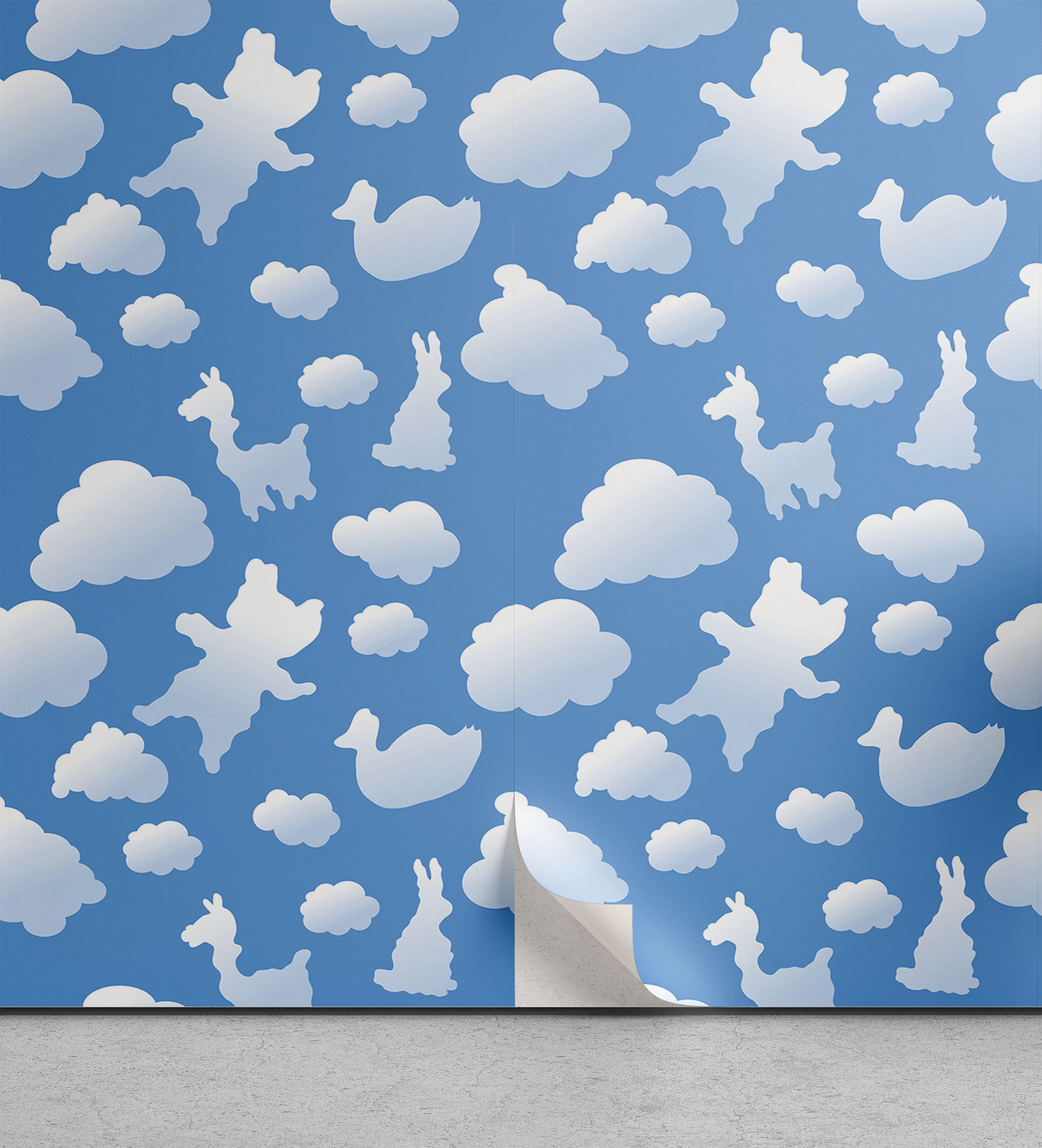 Blue Rabbit Desktop Ambesonne Cloud Peel & Stick Wallpaper for Home, Clouds Duck Bear and ...