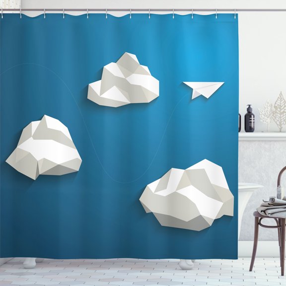 Ambesonne Cloud Shower Curtain, Plane Flying Between Polygons, 69"Wx84"L, Blue White