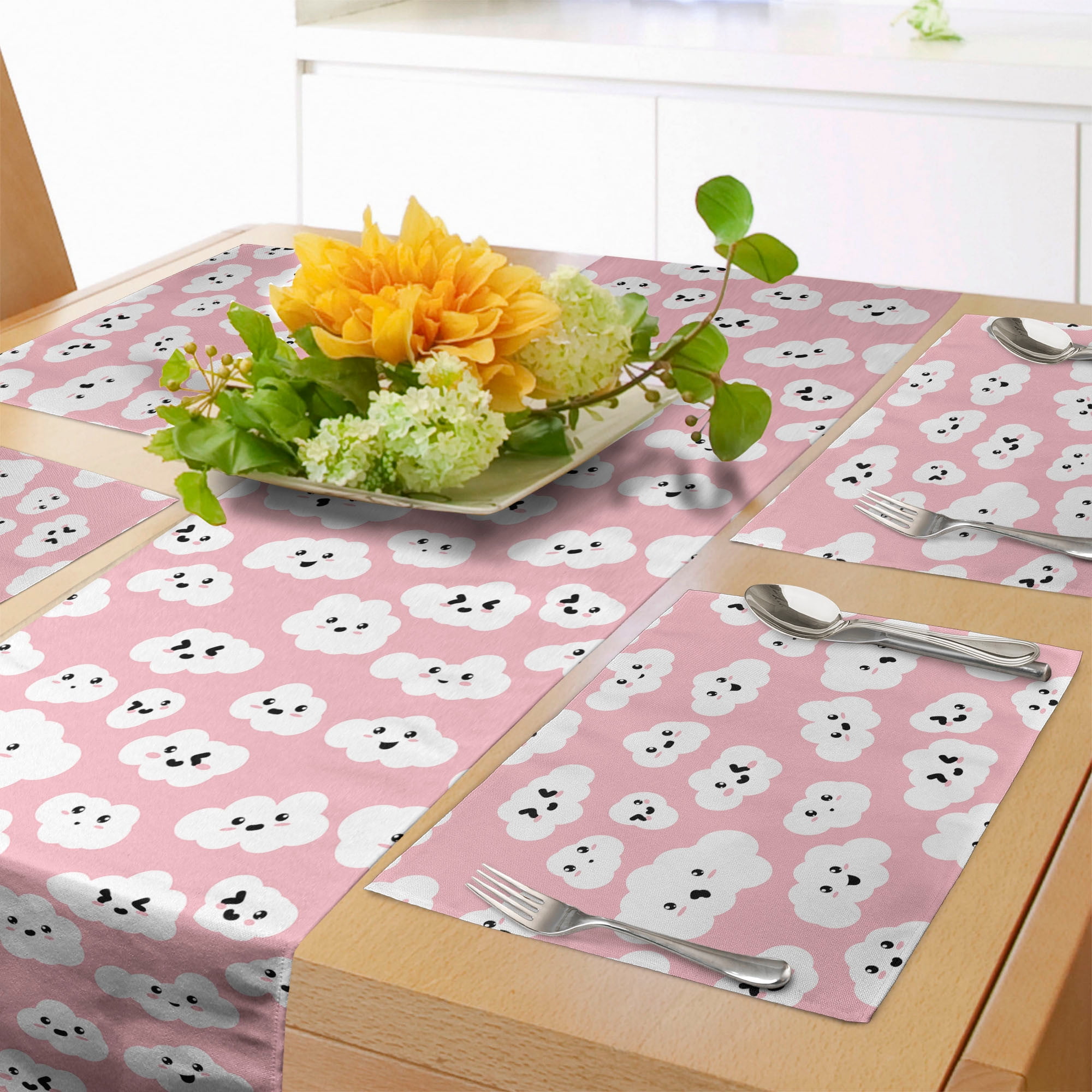 Ambesonne Cloud Table Runner & Placemats, Fluffy Cumulus Cartoon Art