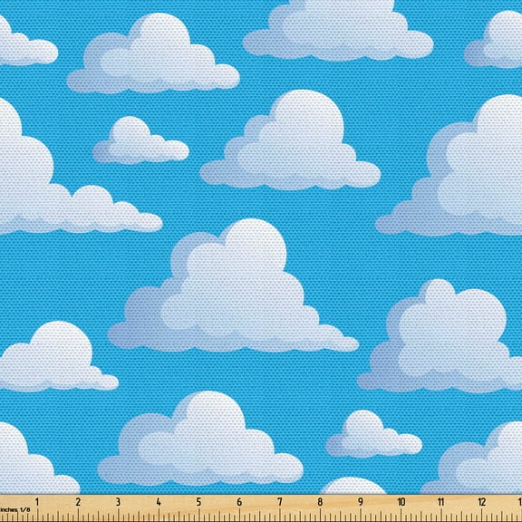 Ambesonne Clouds Fabric by the Yard Upholstery, Sky Scenery Cartoon Nature, 1 Yard, Azure Blue White and Grey
