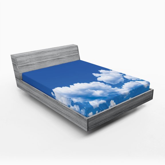Ambesonne Clouds Fitted Sheet, Summertime Nature Scene, Queen Size, White Blue