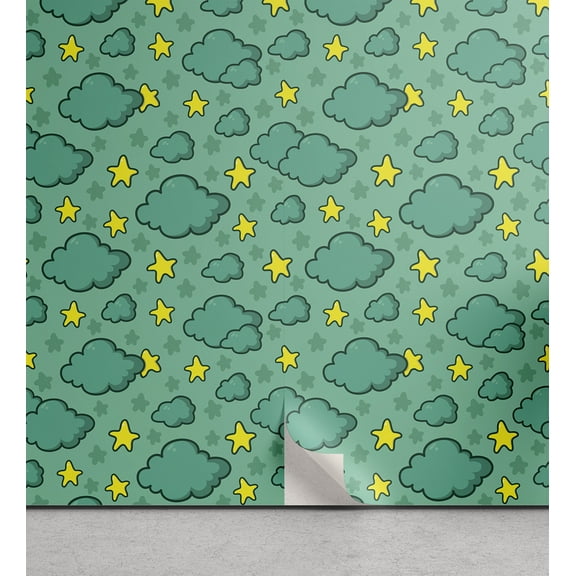 Ambesonne Clouds Peel & Stick Wallpaper for Home, Cartoon Night Sky, 13"x72", Turquoise and Yellow