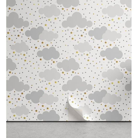 Ambesonne Clouds Peel & Stick Wallpaper for Home, Dreamy Sky with Dots Stars, 13"x100", Pale Grey Pale Coffee