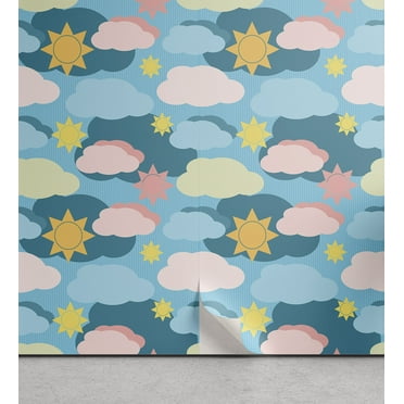 Ambesonne Clouds Peel & Stick Wallpaper for Home, Graphic Design Clouds Suns, 13"x100", Multicolor