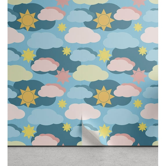 Ambesonne Clouds Peel & Stick Wallpaper for Home, Graphic Design Clouds Suns, 13"x36", Multicolor
