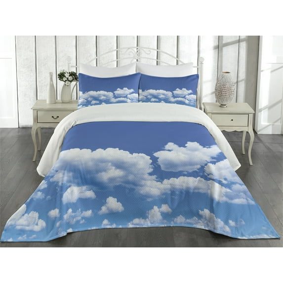 Ambesonne Clouds Quilted Coverlet 3 Pcs, Summertime Nature Scene, King Size, White Blue