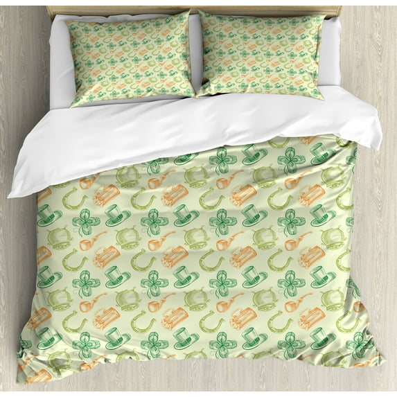 Ambesonne Clover Duvet Cover Sets, Irish Folk , 2-Queen, Pale Green Multicolor