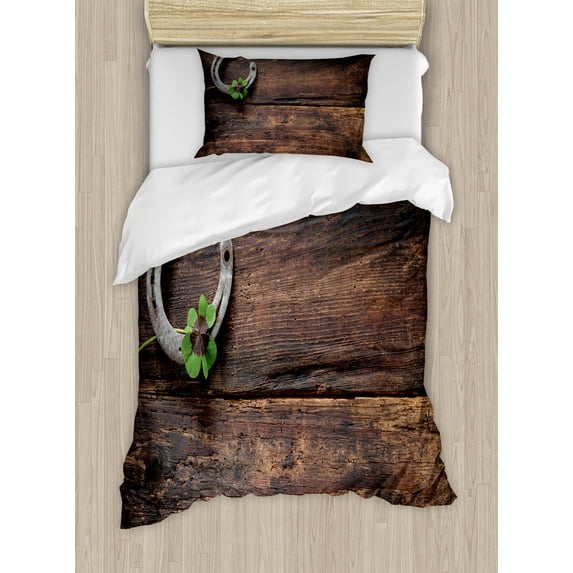 Ambesonne Clover Duvet Cover Sets, Rusty Horseshoe on Wooden, 2-Twin, Grey Seal Brown