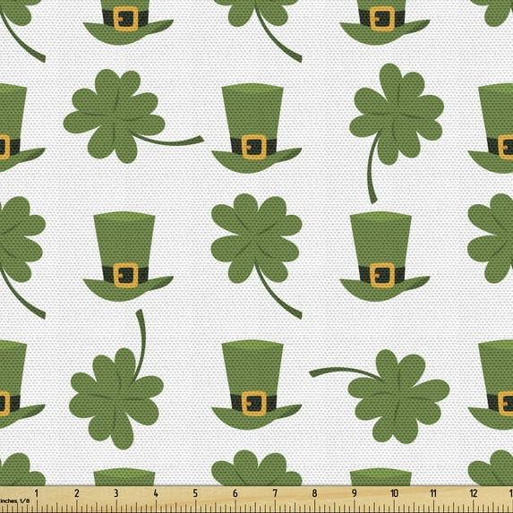 Ambesonne Clover Fabric by the Yard Upholstery, Leprechaun Hat and Shamrock, 1 Yard, Olive Green Pale Orange