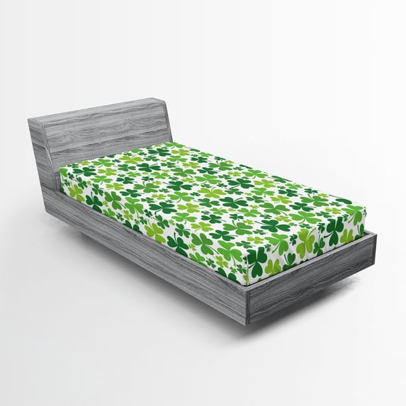 Ambesonne Clover Fitted Sheet 2 Pcs Set, Irregular Shamrocks Pattern, Twin XL, Green Lime Green