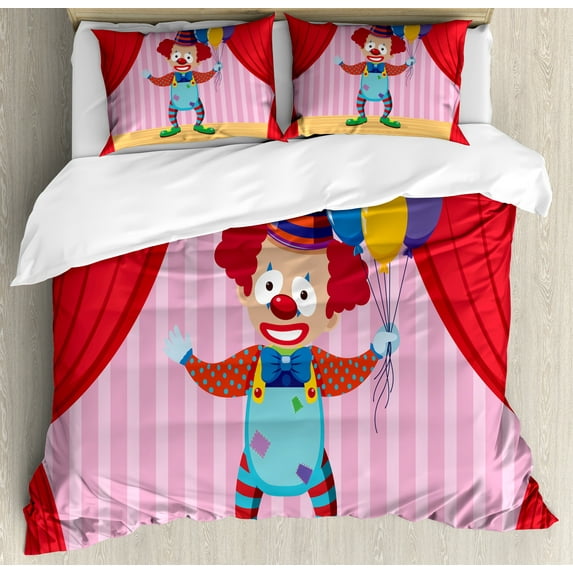 Ambesonne Clown Duvet Cover Sets, Whimsical Entertainer Stage, 2-Queen, Dark Pink Multicolor