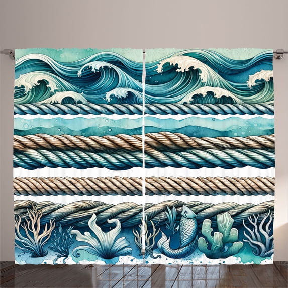 Ambesonne Coastal Curtains 2 Panel Set, Ropes and Waves Underwater, 108" x 63", Seafoam Teal Pale Brown