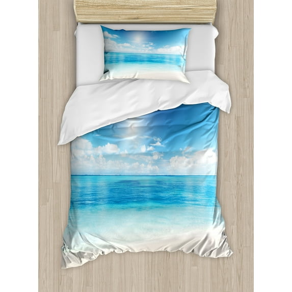 Ambesonne Coastal Duvet Cover Sets, Caribbean Summer Sea, 2-Twin, Cream Turquoise White