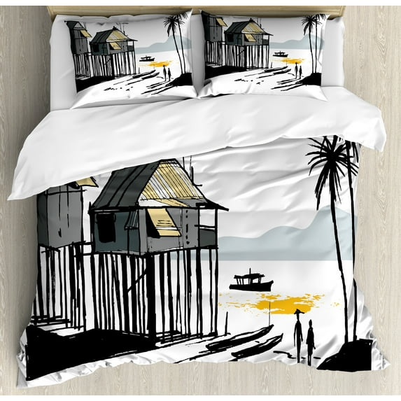 Ambesonne Coastal Duvet Cover Sets, Fishing Village Malay, 2-King, Black Grey Orange