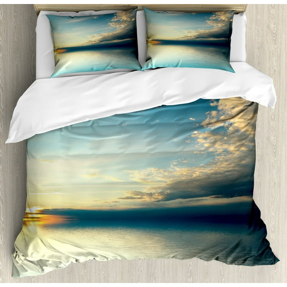 Ambesonne Coastal Duvet Cover Sets, Sea Sunset Horizon, 2-Queen, Teal Aqua Blue