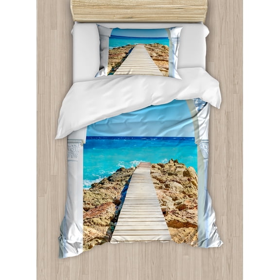 Ambesonne Coastal Duvet Cover Sets, Sea with a Quay Coast, 2-Twin, Aqua Cream Blue